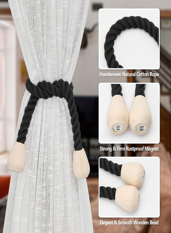NICEEC 2 Pack Wooden Magnetic Curtain Tiebacks Elegant Boho Home Decoration Drape Tie Backs Natural Cotton Handmade Rope Curtain Holdbacks for Home & Office Window Drapery (Black) - Image 3