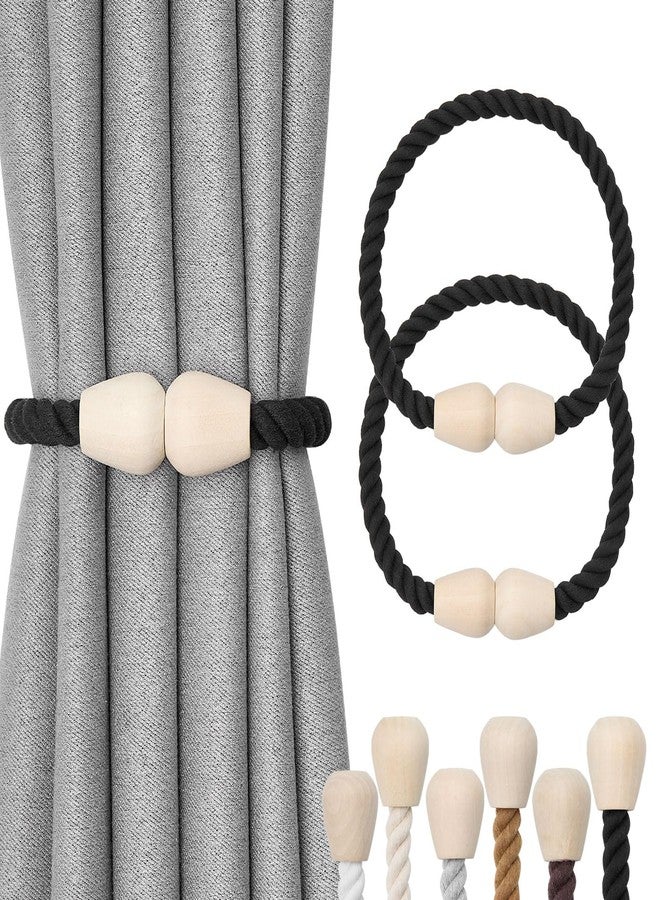 NICEEC 2 Pack Wooden Magnetic Curtain Tiebacks Elegant Boho Home Decoration Drape Tie Backs Natural Cotton Handmade Rope Curtain Holdbacks for Home & Office Window Drapery (Black) - Image 1