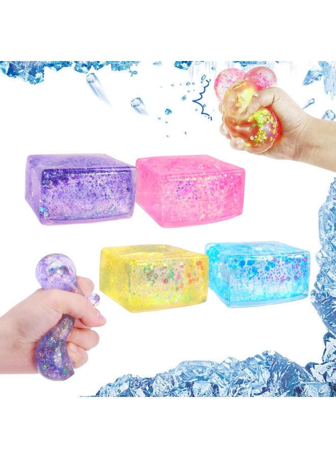 سونسر طقم كرات إجهاد مكعبات الثلج اللامعة، 4 عبوات، كرات ضغط، كرات حسية مربعة كبيرة للأطفال والكبار - Image 2