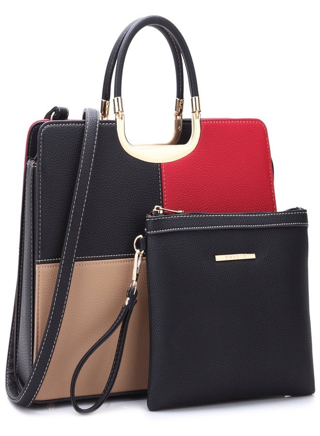Dasein Womens Handbag Top Handle Shoulder Bag Tote Satchel Purse Work Bag with Matching Wallet (1-Black/Beige+Red) Large - Image 1