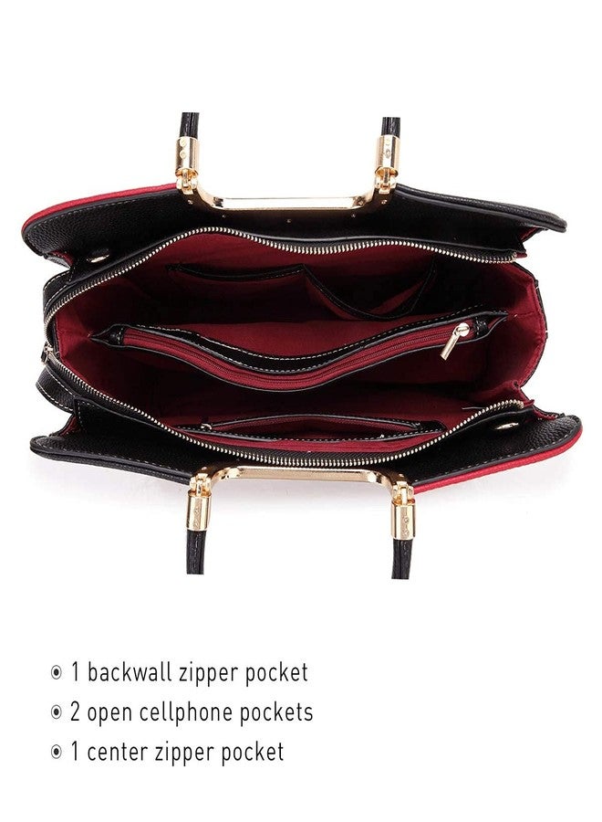 Dasein Womens Handbag Top Handle Shoulder Bag Tote Satchel Purse Work Bag with Matching Wallet (1-Black/Beige+Red) Large - Image 5