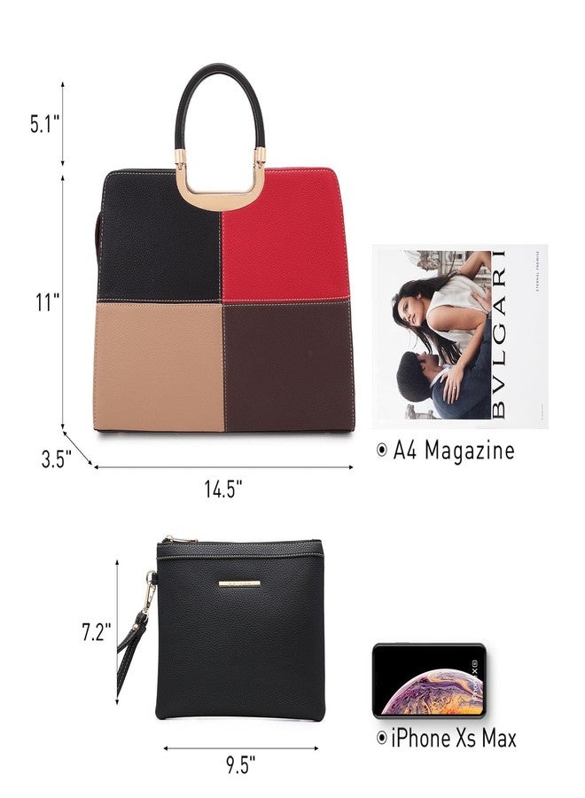 Dasein Womens Handbag Top Handle Shoulder Bag Tote Satchel Purse Work Bag with Matching Wallet (1-Black/Beige+Red) Large - Image 4