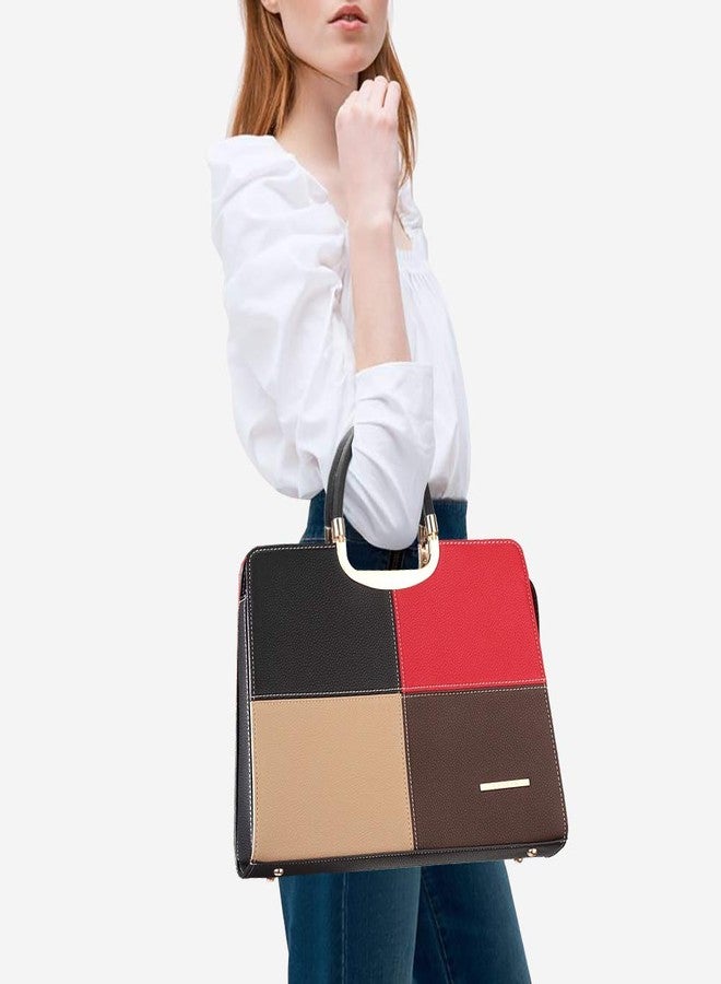 Dasein Womens Handbag Top Handle Shoulder Bag Tote Satchel Purse Work Bag with Matching Wallet (1-Black/Beige+Red) Large - Image 2