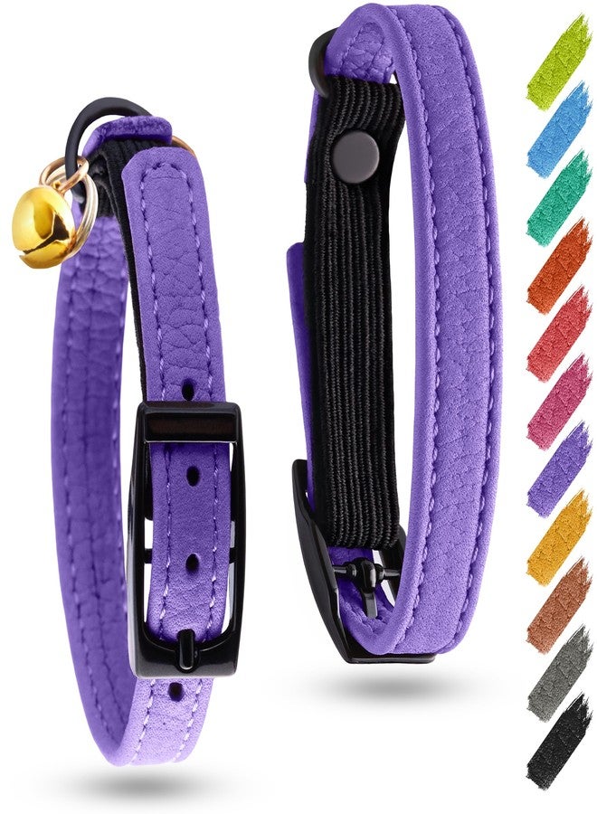 WauDog Leather Cat Collar with Bell and Safety Elastic Strap Breakaway Alternative for Small & Large Kittens, Stylish Pet Leather Collar for Boy, Girl Cats with Metal Buckle & QR ID Tag (Purple) - Image 1