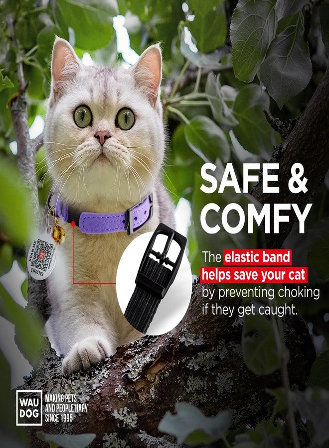 WauDog Leather Cat Collar with Bell and Safety Elastic Strap Breakaway Alternative for Small & Large Kittens, Stylish Pet Leather Collar for Boy, Girl Cats with Metal Buckle & QR ID Tag (Purple) - Image 5