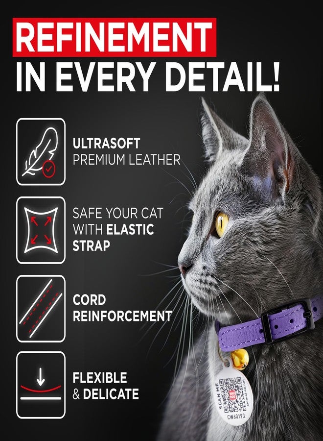 WauDog Leather Cat Collar with Bell and Safety Elastic Strap Breakaway Alternative for Small & Large Kittens, Stylish Pet Leather Collar for Boy, Girl Cats with Metal Buckle & QR ID Tag (Purple) - Image 2