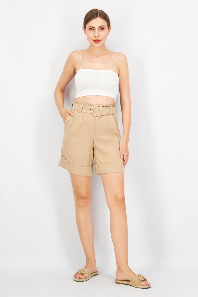 Sinsay Women Solid Belted Basic Shorts, Beige - Image 4