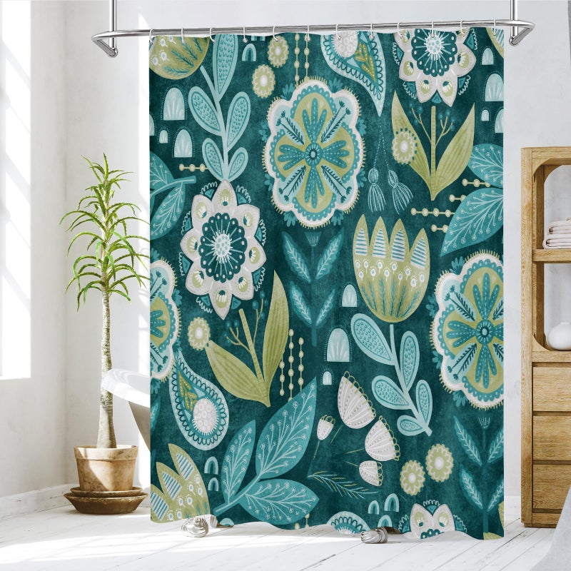 MitoVilla Boho Floral Teal Shower Curtain  Modern Flower Shower Curtains for Chic Elegant Bathroom Decor  Vintage Fabric Cloth Shower Curtain  Colorful Abstract Leaves  72x72 - Image 2