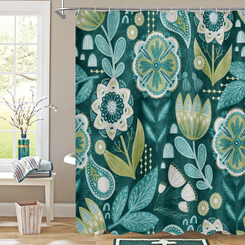 MitoVilla Boho Floral Teal Shower Curtain  Modern Flower Shower Curtains for Chic Elegant Bathroom Decor  Vintage Fabric Cloth Shower Curtain  Colorful Abstract Leaves  72x72 - Image 1