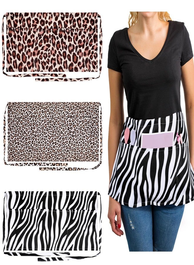 Haysandy 3 Pcs Waitress Aprons for Server Leopard Zebra Print Half Aprons with 3 Pockets Half Apron with Pockets for Women Teachers Waiter Bartender Barista Restaurant Coffee Mom - Image 1