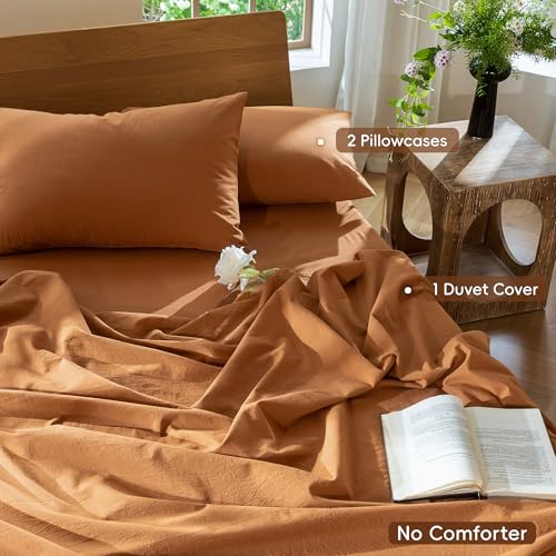 MooMee Bedding Duvet Cover Set 100% Washed Cotton Linen Like Textured Breathable Durable Soft Comfy (Solid Burnt Orange, Queen 90"x90") - Image 2