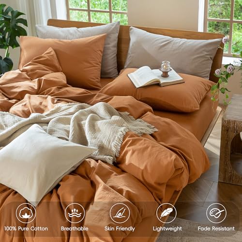 MooMee Bedding Duvet Cover Set 100% Washed Cotton Linen Like Textured Breathable Durable Soft Comfy (Solid Burnt Orange, Queen 90"x90") - Image 4