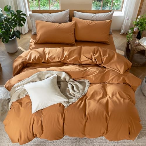 MooMee Bedding Duvet Cover Set 100% Washed Cotton Linen Like Textured Breathable Durable Soft Comfy (Solid Burnt Orange, Queen 90"x90") - Image 5