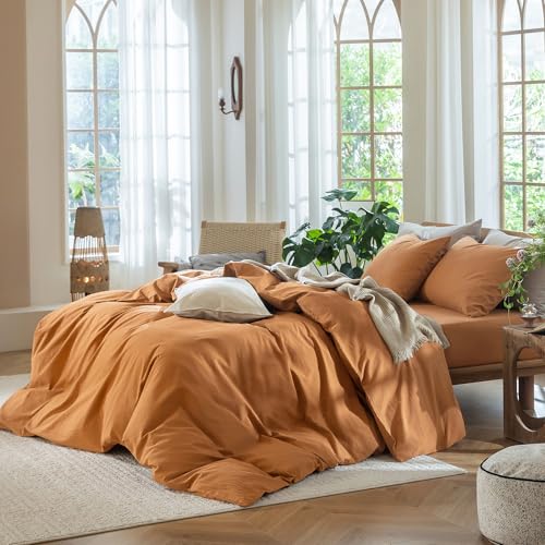MooMee Bedding Duvet Cover Set 100% Washed Cotton Linen Like Textured Breathable Durable Soft Comfy (Solid Burnt Orange, Queen 90"x90") - Image 3