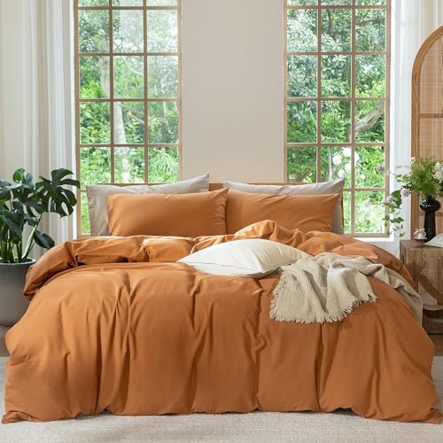 MooMee Bedding Duvet Cover Set 100% Washed Cotton Linen Like Textured Breathable Durable Soft Comfy (Solid Burnt Orange, Queen 90"x90") - Image 1