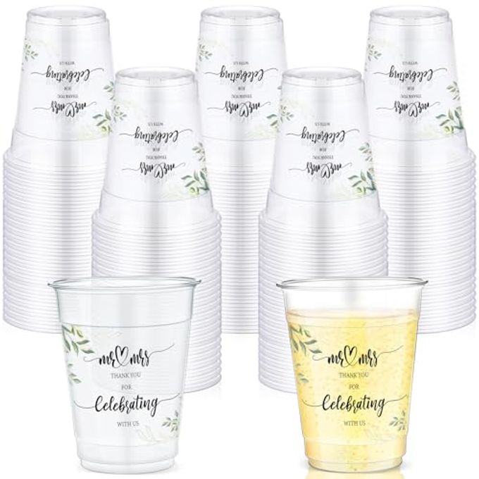 Jingmore 100 Pcs Mr and Mrs Cups 12 oz Plastic Wedding Cups Bulk Clear Engagement Disposable Drinking Glasses for Reception Supplies Bridal Shower Wedding Theme Party Decoration
