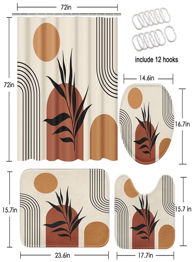 Tayney Boho Shower Curtain Set with Toilet Lid Cover and Non-Slip Rugs, Mid Century Bohemian Abstract Sun Plants Vintage 4 Pcs Shower Curtain for Bathroom Decor Set with 12 Hooks - Image 2