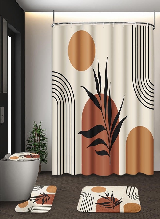 Tayney Boho Shower Curtain Set with Toilet Lid Cover and Non-Slip Rugs, Mid Century Bohemian Abstract Sun Plants Vintage 4 Pcs Shower Curtain for Bathroom Decor Set with 12 Hooks - Image 1