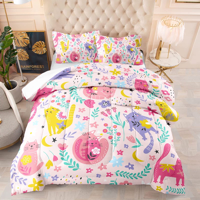 QOOMO Floral Cat Comforter Twin Size,Pink Cat Bedding Set for Kids Teens Girls,3Pcs Bedding Set Printed Comforter with 2 Pillowcases,Down Alternative,Soft and Lightweight(Pinkï¼ŒTwin Size) - Image 1