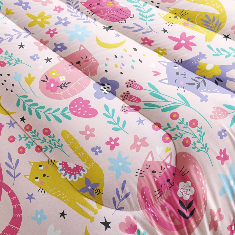 QOOMO Floral Cat Comforter Twin Size,Pink Cat Bedding Set for Kids Teens Girls,3Pcs Bedding Set Printed Comforter with 2 Pillowcases,Down Alternative,Soft and Lightweight(Pinkï¼ŒTwin Size) - Image 5