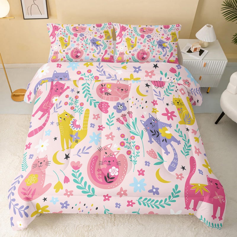 QOOMO Floral Cat Comforter Twin Size,Pink Cat Bedding Set for Kids Teens Girls,3Pcs Bedding Set Printed Comforter with 2 Pillowcases,Down Alternative,Soft and Lightweight(Pinkï¼ŒTwin Size) - Image 2