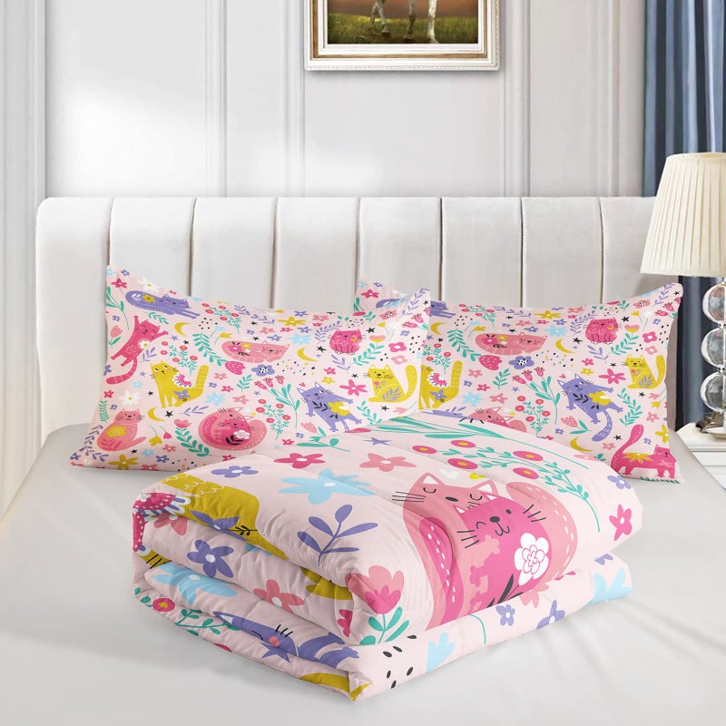 QOOMO Floral Cat Comforter Twin Size,Pink Cat Bedding Set for Kids Teens Girls,3Pcs Bedding Set Printed Comforter with 2 Pillowcases,Down Alternative,Soft and Lightweight(Pinkï¼ŒTwin Size) - Image 4