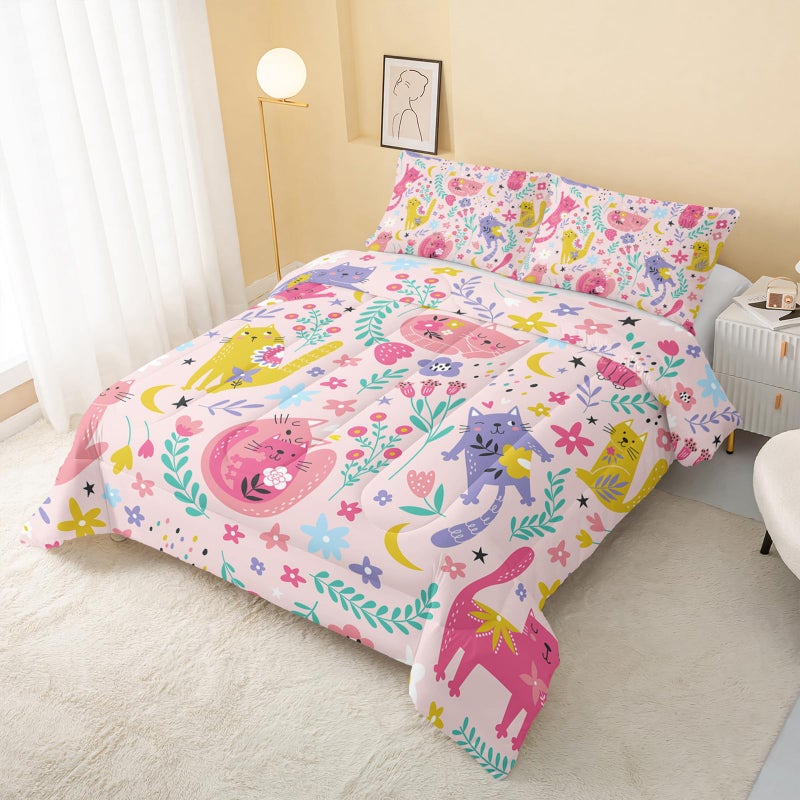 QOOMO Floral Cat Comforter Twin Size,Pink Cat Bedding Set for Kids Teens Girls,3Pcs Bedding Set Printed Comforter with 2 Pillowcases,Down Alternative,Soft and Lightweight(Pinkï¼ŒTwin Size) - Image 3
