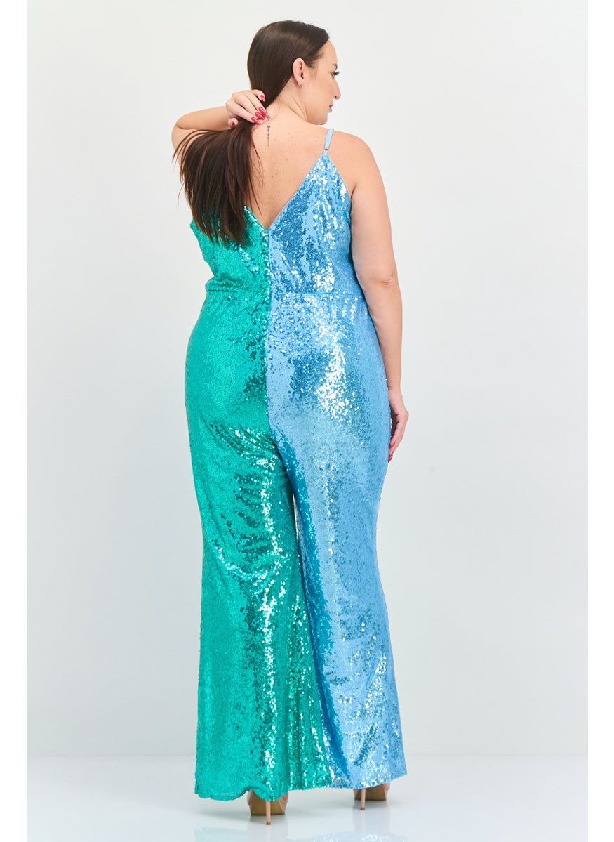 Jaded Rose - Women Curve Metallic Sleeveless Jumpsuits, Green - Image 1