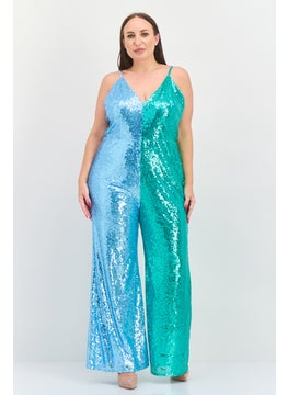 Women Curve Metallic Sleeveless Jumpsuits, Green