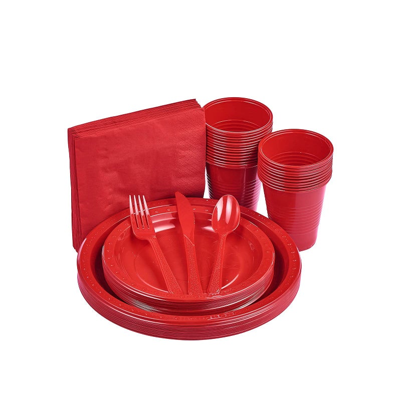 175 PCS Red Plastic Dinnerware Set Includes 50 Plates 25 Cups 25 Napkins 25 Cutlery Spoons Forks  Knives Disposable Dinnerware Set Red Party Supplies Set