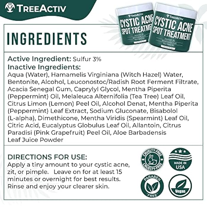 TreeActiv Cystic Acne Spot Treatment, Hormonal & Overnight Sulfur Cystic Treatment For Face, Pimples, and Blemishes for Adults, Men, and Women - 0.5oz 120+ Uses - Image 5