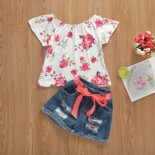 Bmnmsl Baby Toddler Girls Floral Short Sleeve Tops T-Shirt Vest & Denim Shorts Set Kids 1T 2T 3T 4T 5T 6T Clothes Summer Outfits (1, 3T) - Image 2