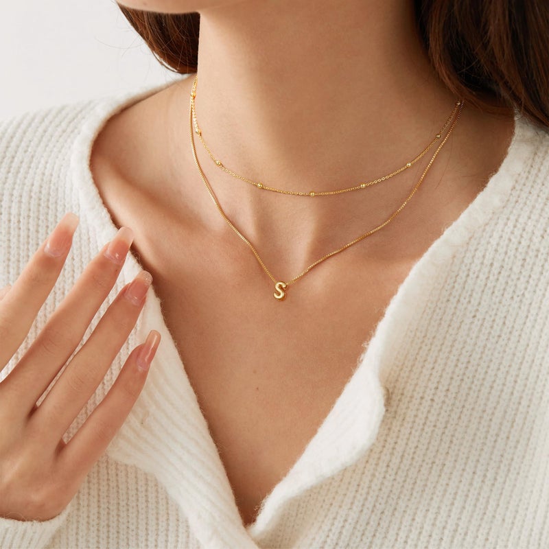 JIAOGE Easter Gifts - Dainty Gold Necklace for Women A Initial Necklaces for Women Layered Gold Necklaces for Women Initial Necklace for Girls Bubble Gold Letter Necklace Gold Jewelry for Women - Image 5