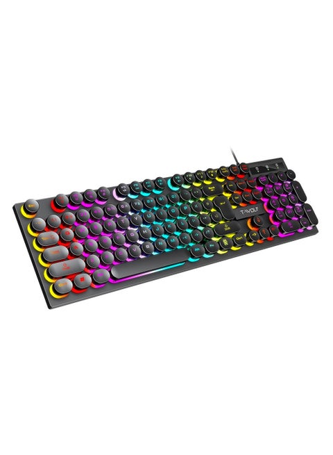 T80 Retro Mechanical Feel Round Key Gaming Keyboard, 104 Keys RGB Backlight Punk Button Keyboard  Black T WOLF
