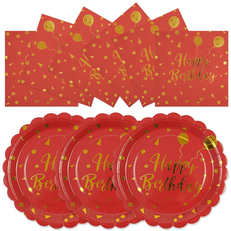 Hfbobp 50Pcs Happy Birthday Paper Plates And Napkins Party Decorations - 7 Inch Scalloped Red And Gold Dessert Plates And 6.5 Inch Napkins Disposable Tableware Set Birthday Party Supplies  Serves 25 - Image 1