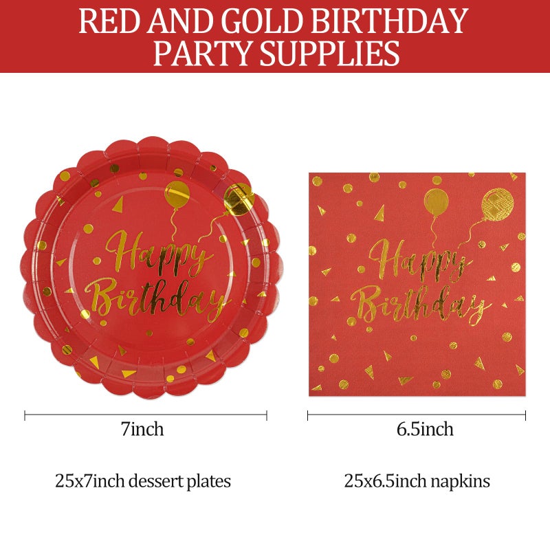 Hfbobp 50Pcs Happy Birthday Paper Plates And Napkins Party Decorations - 7 Inch Scalloped Red And Gold Dessert Plates And 6.5 Inch Napkins Disposable Tableware Set Birthday Party Supplies  Serves 25 - Image 3