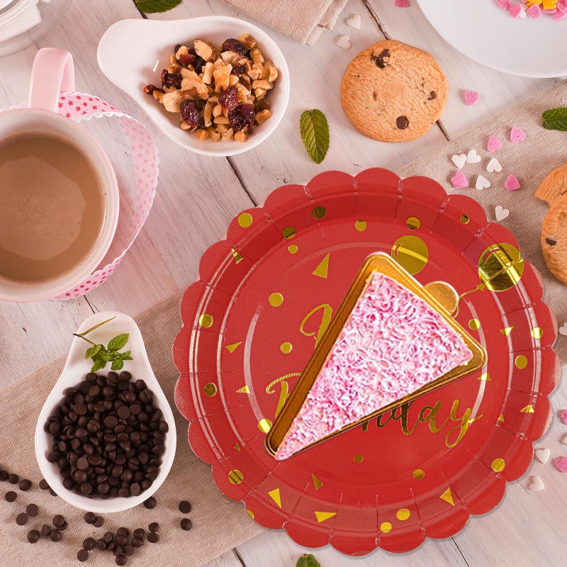 Hfbobp 50Pcs Happy Birthday Paper Plates And Napkins Party Decorations - 7 Inch Scalloped Red And Gold Dessert Plates And 6.5 Inch Napkins Disposable Tableware Set Birthday Party Supplies  Serves 25 - Image 2