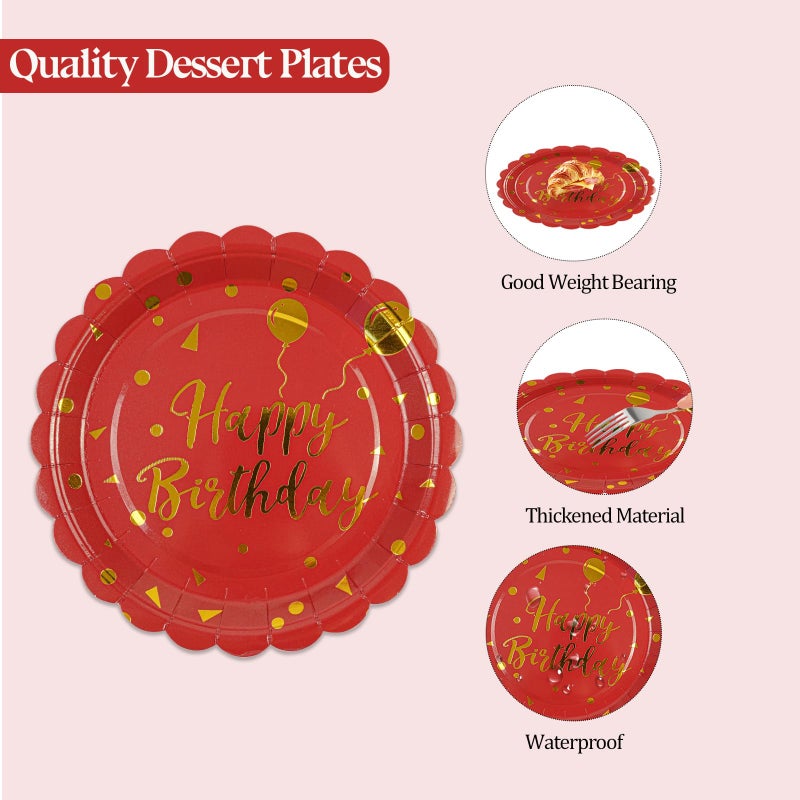 Hfbobp 50Pcs Happy Birthday Paper Plates And Napkins Party Decorations - 7 Inch Scalloped Red And Gold Dessert Plates And 6.5 Inch Napkins Disposable Tableware Set Birthday Party Supplies  Serves 25 - Image 4