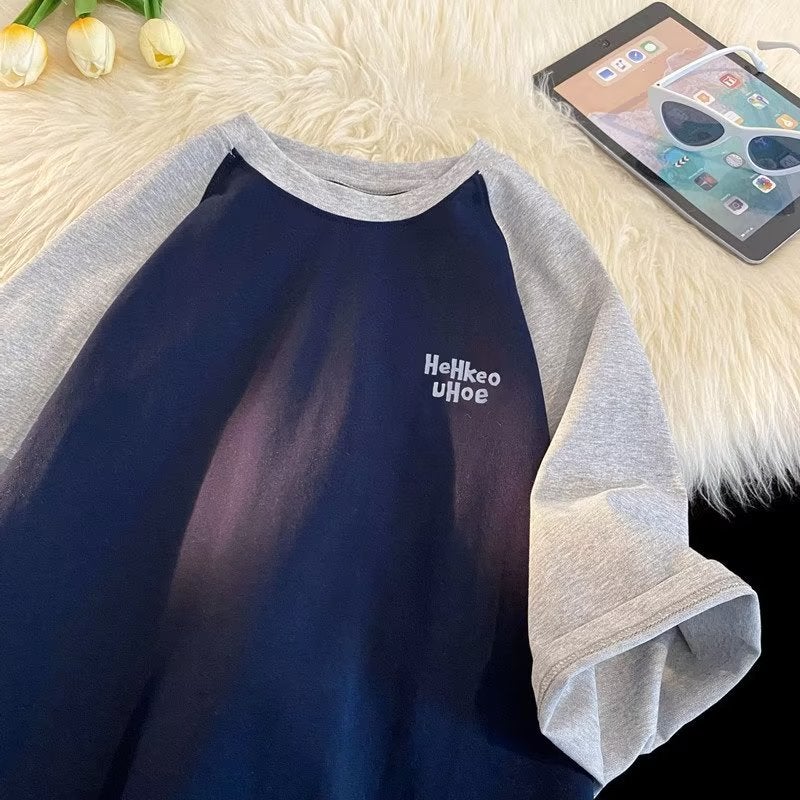 Short sleeve t-shirt men's summer American retro fashion brand all-match loose heavy cotton color matching sports half sleeve t-shirt - Image 1