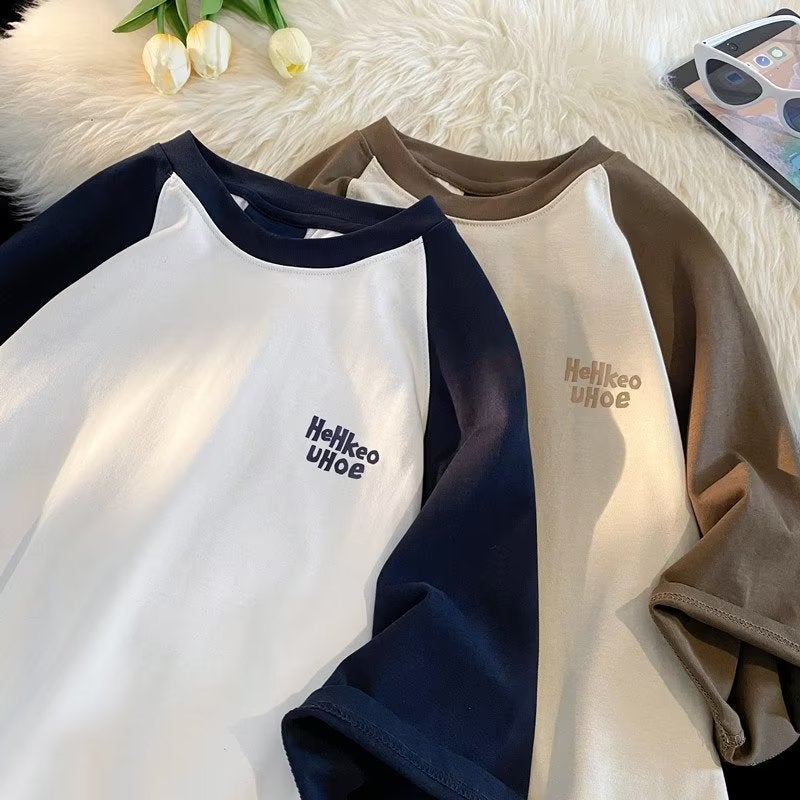 Short sleeve t-shirt men's summer American retro fashion brand all-match loose heavy cotton color matching sports half sleeve t-shirt - Image 5