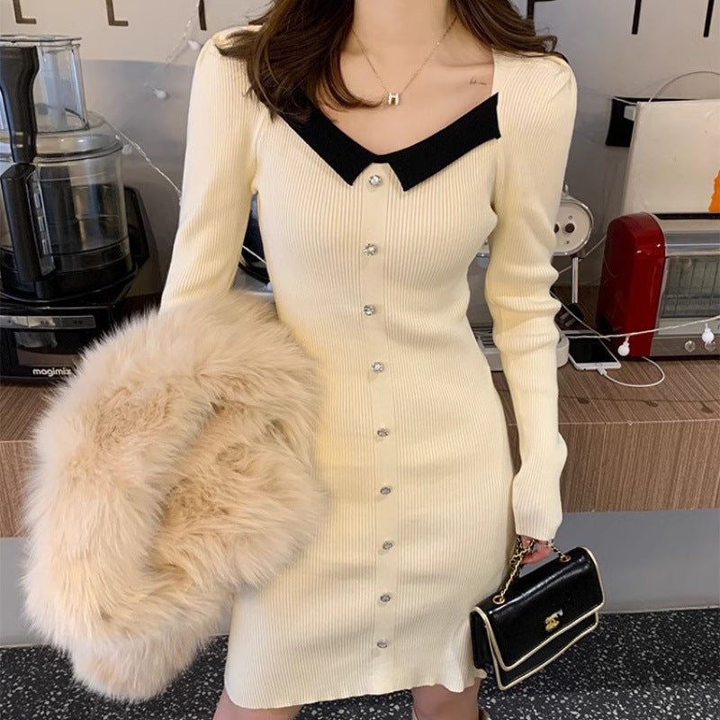 Small Fall/Winter dress Womens 2024 New Style Coat Inner Skirt Square Neck Small Chanel Style Base Knitted Skirt Black - Image 2