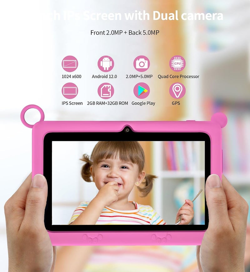ZEKAROUL 7 inch Kids Tablet, Quad Core Android 12 2GB 32GB, Parental Control, Eye Protection, Shockproof Case, Dual Camera, WiFi, Bluetooth, Learning Tablet for Kids - K2 (Pink) - Image 3