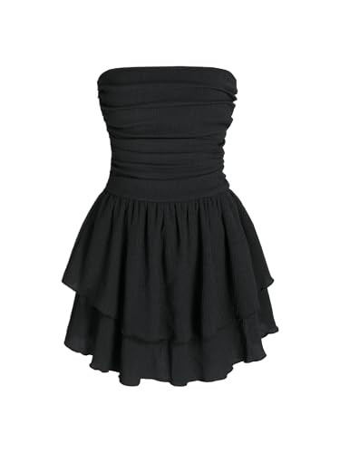CIDER Women's Summer Cocktail Dress - Tube Ruched Ruffle Mini Dress: Black, XS - Image 1