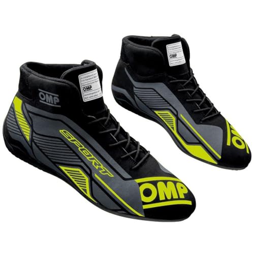 OMP Racing Driving Shoe, Sport, Mid-Top, FIA Approved, Leather Outer, Nomex Inner, Black/Fluorescent Yellow, Euro 39, Pair - Image 1