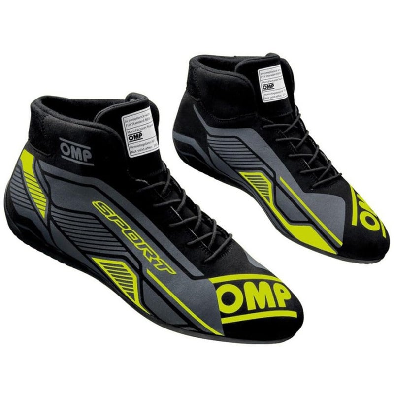 OMP Racing Driving Shoe, Sport, Mid-Top, FIA Approved, Leather Outer, Nomex Inner, Black/Fluorescent Yellow, Euro 39, Pair - Image 4