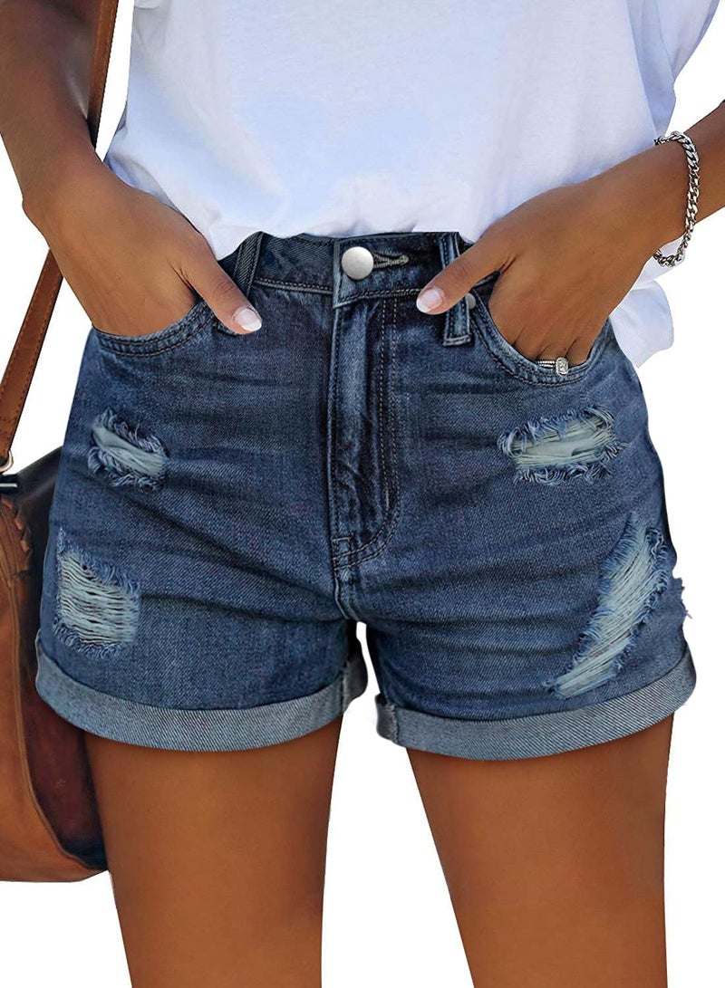 KISSMODA Women's Casual Denim Shorts Frayed Raw Hem Ripped Jeans Slim Fit Short - Image 2