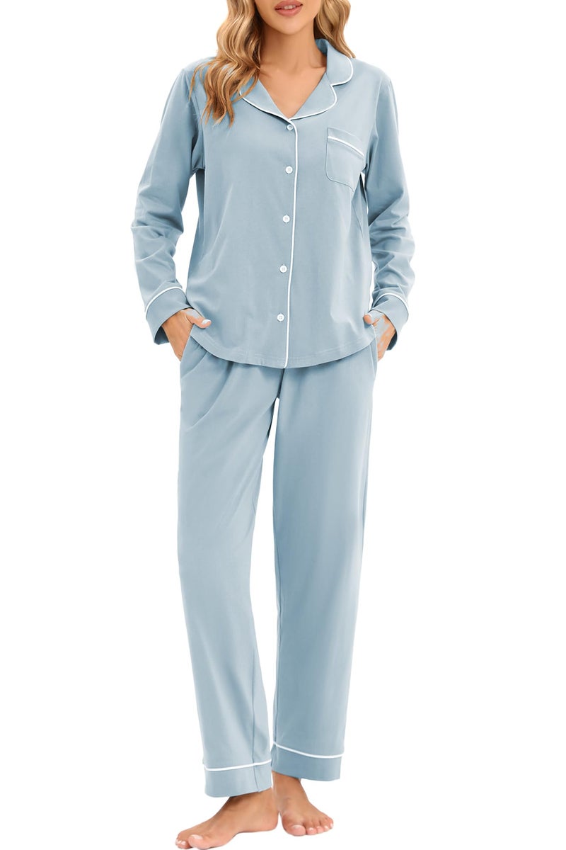 LUBOT Women's Pajamas Set Cotton PJ Set for Women Long Sleeve Button-Down Shirt PJ Pants Two-piece Set Warm Night Suit Sleepwear Loungewear (Baby Blue, L) - Image 1