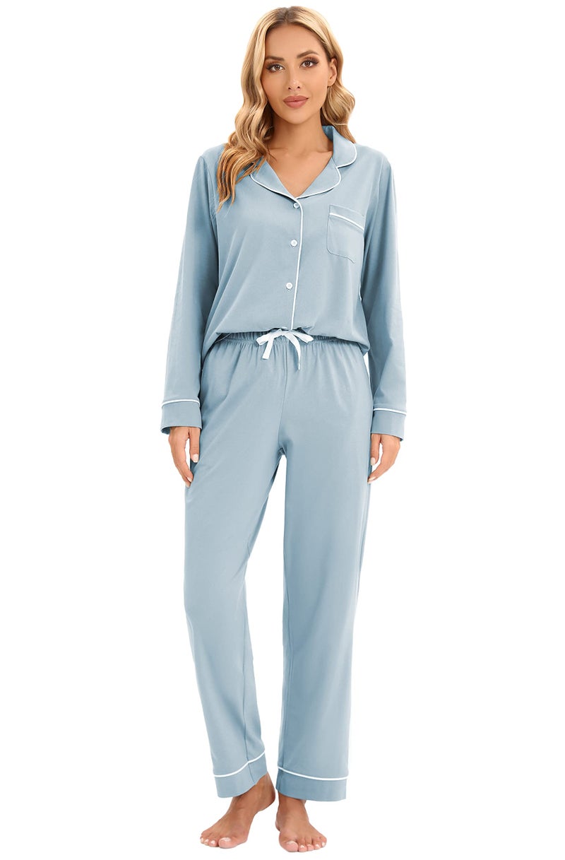 LUBOT Women's Pajamas Set Cotton PJ Set for Women Long Sleeve Button-Down Shirt PJ Pants Two-piece Set Warm Night Suit Sleepwear Loungewear (Baby Blue, L) - Image 3