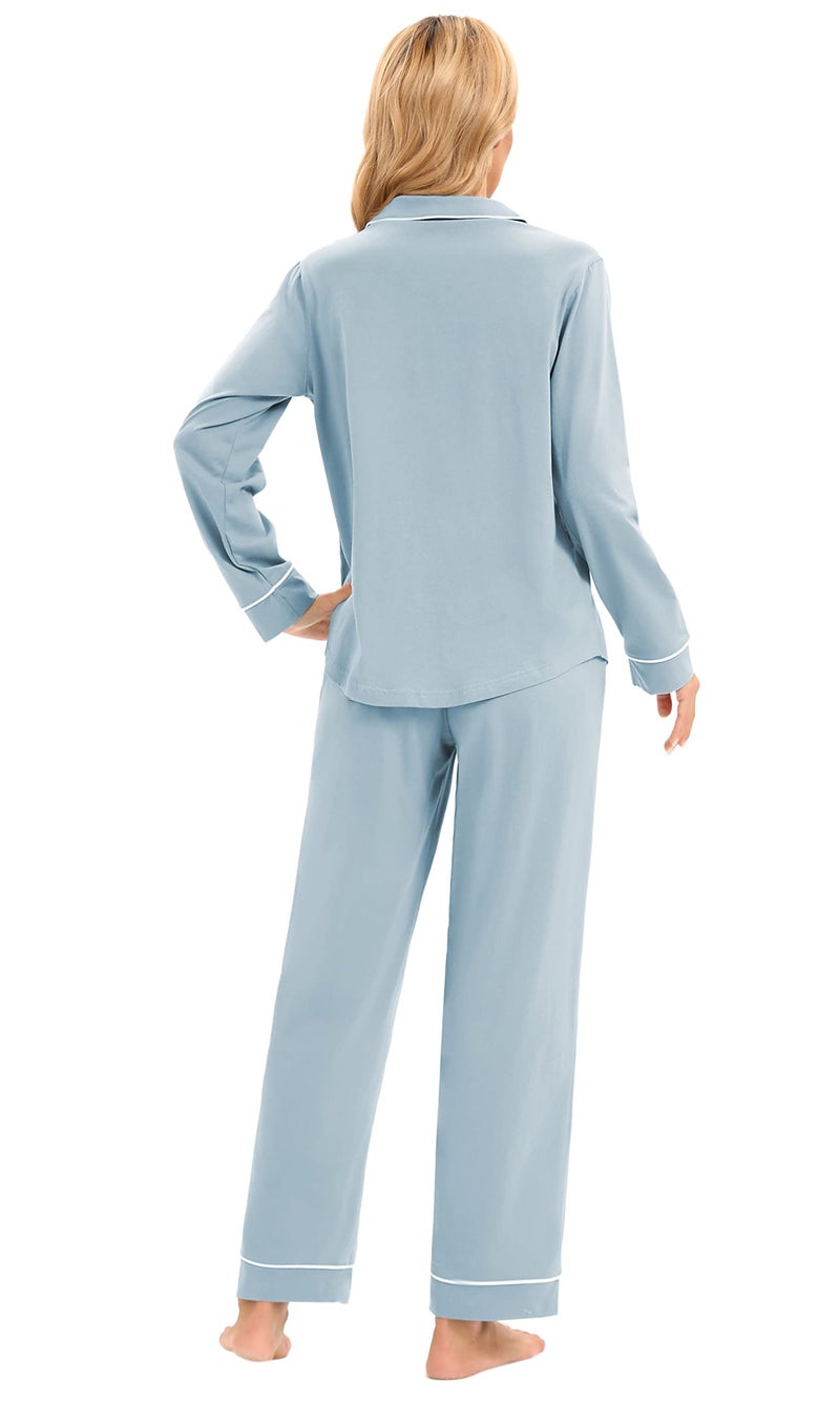 LUBOT Women's Pajamas Set Cotton PJ Set for Women Long Sleeve Button-Down Shirt PJ Pants Two-piece Set Warm Night Suit Sleepwear Loungewear (Baby Blue, L) - Image 5