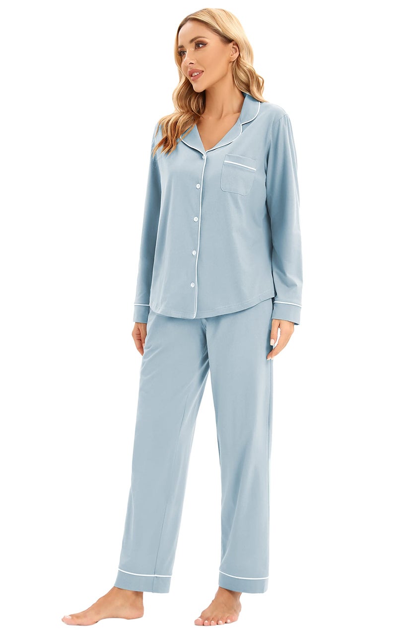 LUBOT Women's Pajamas Set Cotton PJ Set for Women Long Sleeve Button-Down Shirt PJ Pants Two-piece Set Warm Night Suit Sleepwear Loungewear (Baby Blue, L) - Image 4